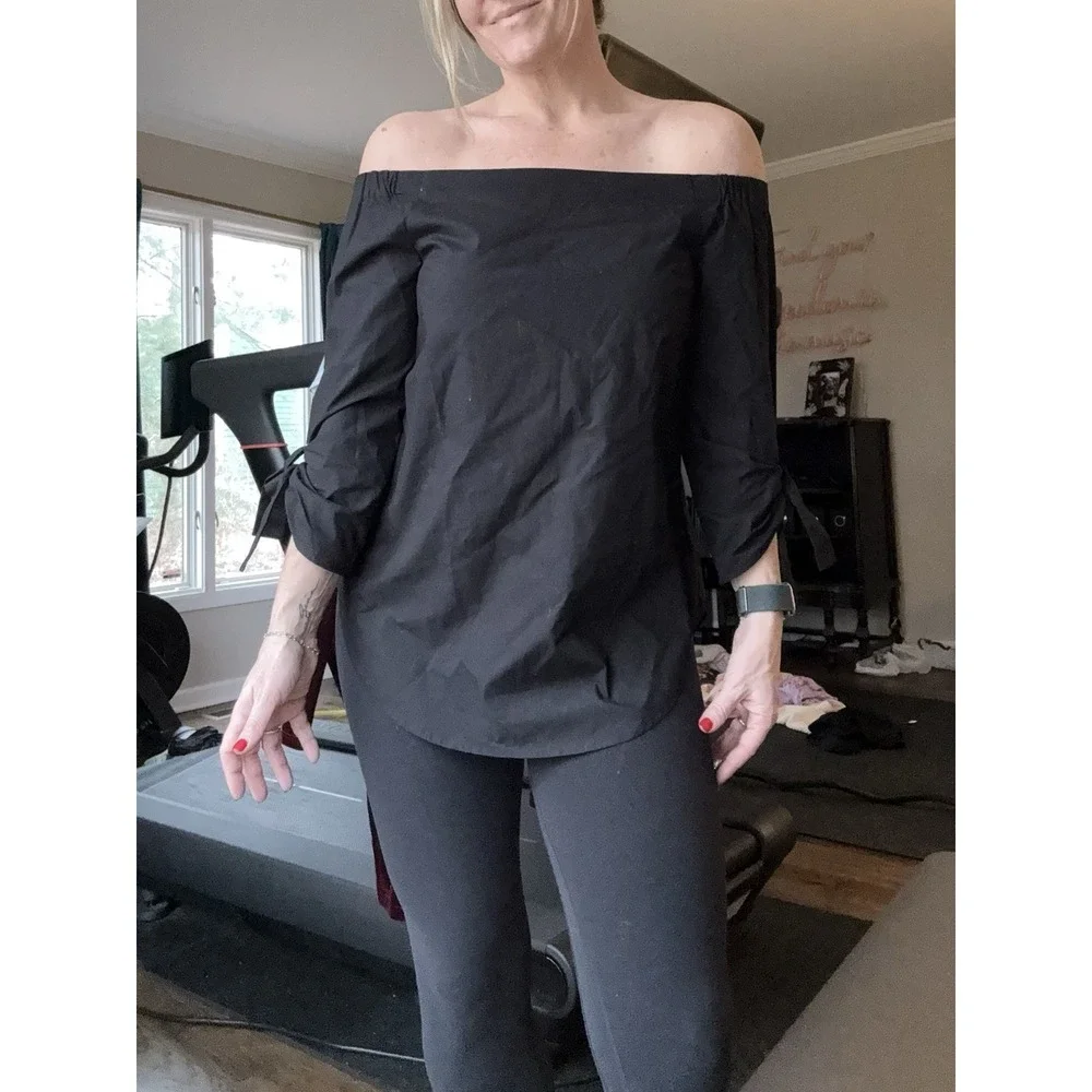 Babaton Aritzia Black Off Shoulder Blouse XS Fits S M Minimal Chic Top - Picture 2 of 10